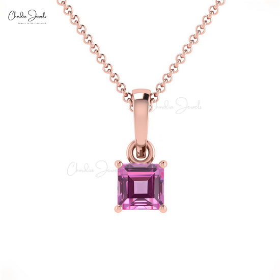 Genuine Pink Sapphire Solitaire Pendant 4mm Square Cut Gemstone Handmade Pendant Necklace 14k Real Gold Affordable Jewelry