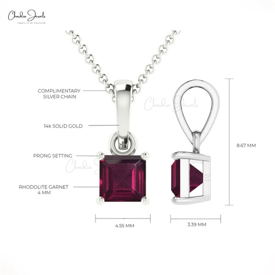 Elegant Rhodolite Garnet Gemstone Pendant 4mm Square Cut Handmade Pendant Genuine 14k Real Gold Fine Gold Jewelry For Gift