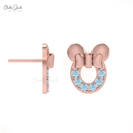 Solid 14k Gold Mickey Mouse Earrings with Genuine 2mm Aquamarine Dainty Earrings For Women