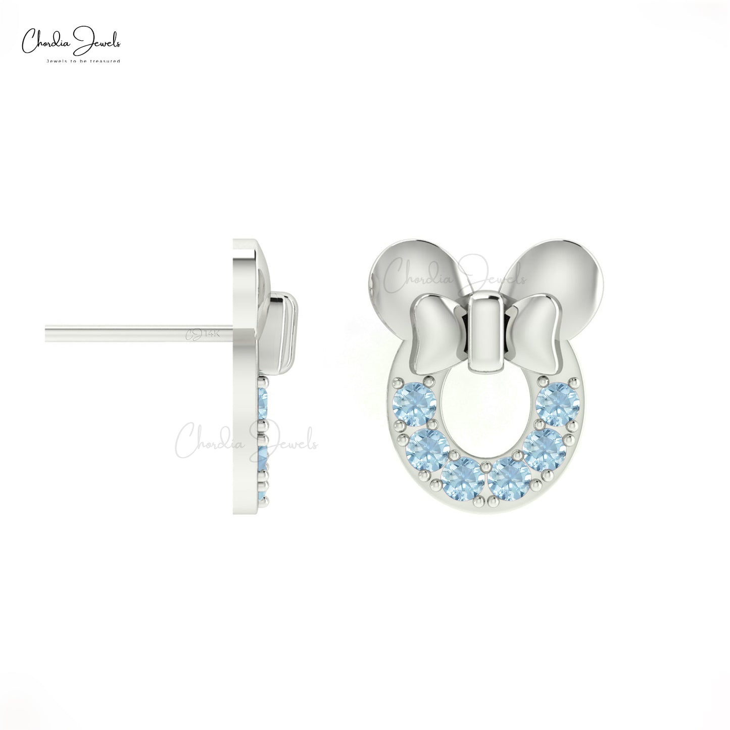 Exquisite Solid 14k Gold Mickey Mouse Earrings with Genuine Aquamarine