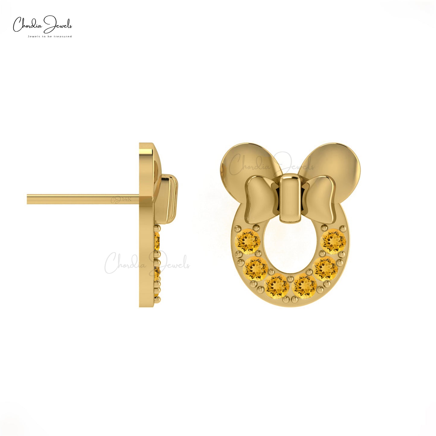 Elegant Disney Mickey Mouse Earrings with 2mm Citrine Gemstone in 14k Solid Gold For Girls