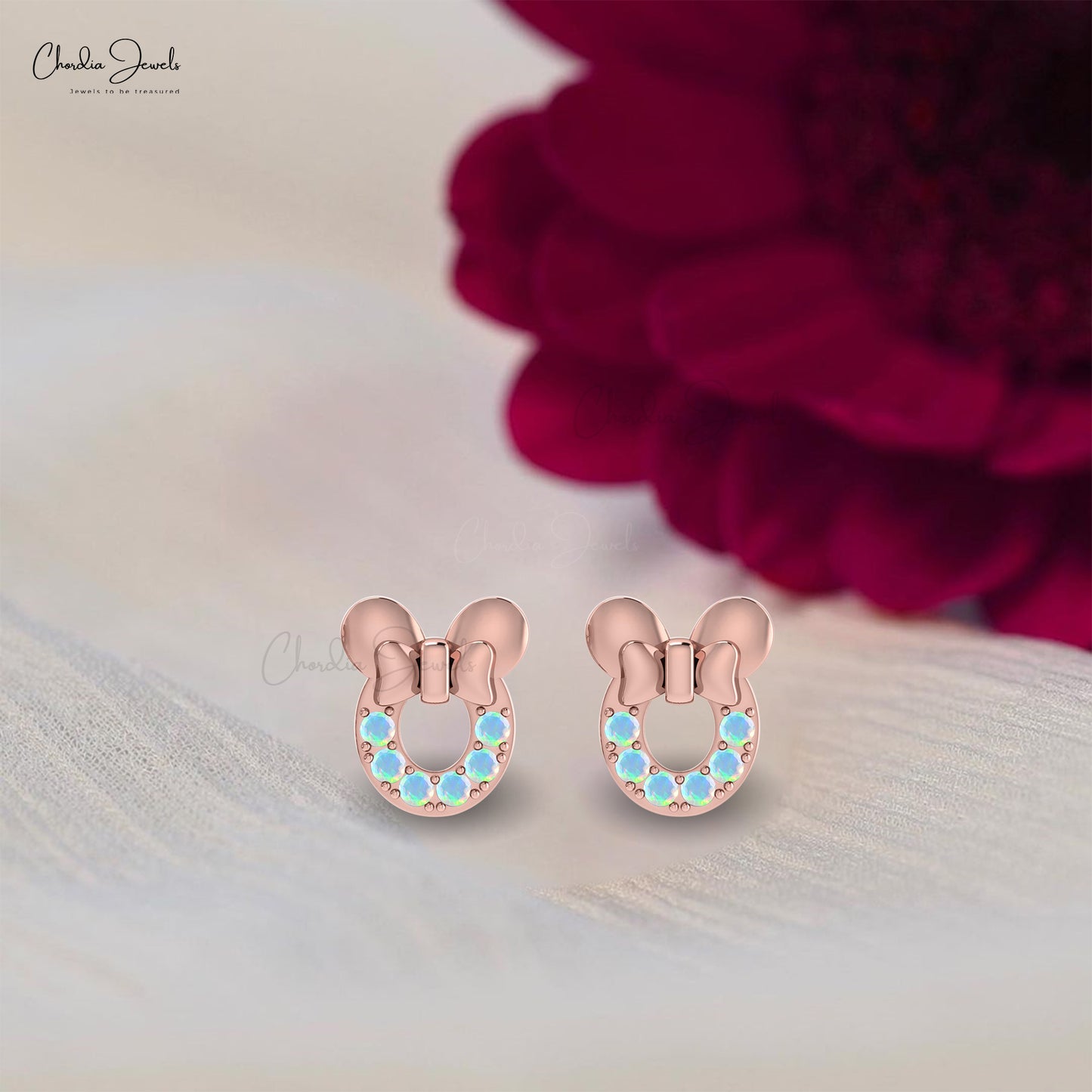 Natural 2mm Opal Gemstone Earrings in 14k Solid Gold October Birthstone Mickey Mouse Studs