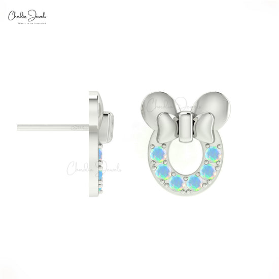 Load image into Gallery viewer, Natural 2mm Opal Gemstone Earrings in 14k Solid Gold October Birthstone Mickey Mouse Studs
