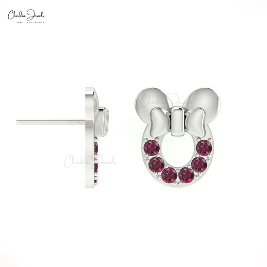 Load image into Gallery viewer, Authentic 2mm Rhodolite Garnet Mickey Mouse Earrings 14k Real Gold Handmade Jewelry For Her
