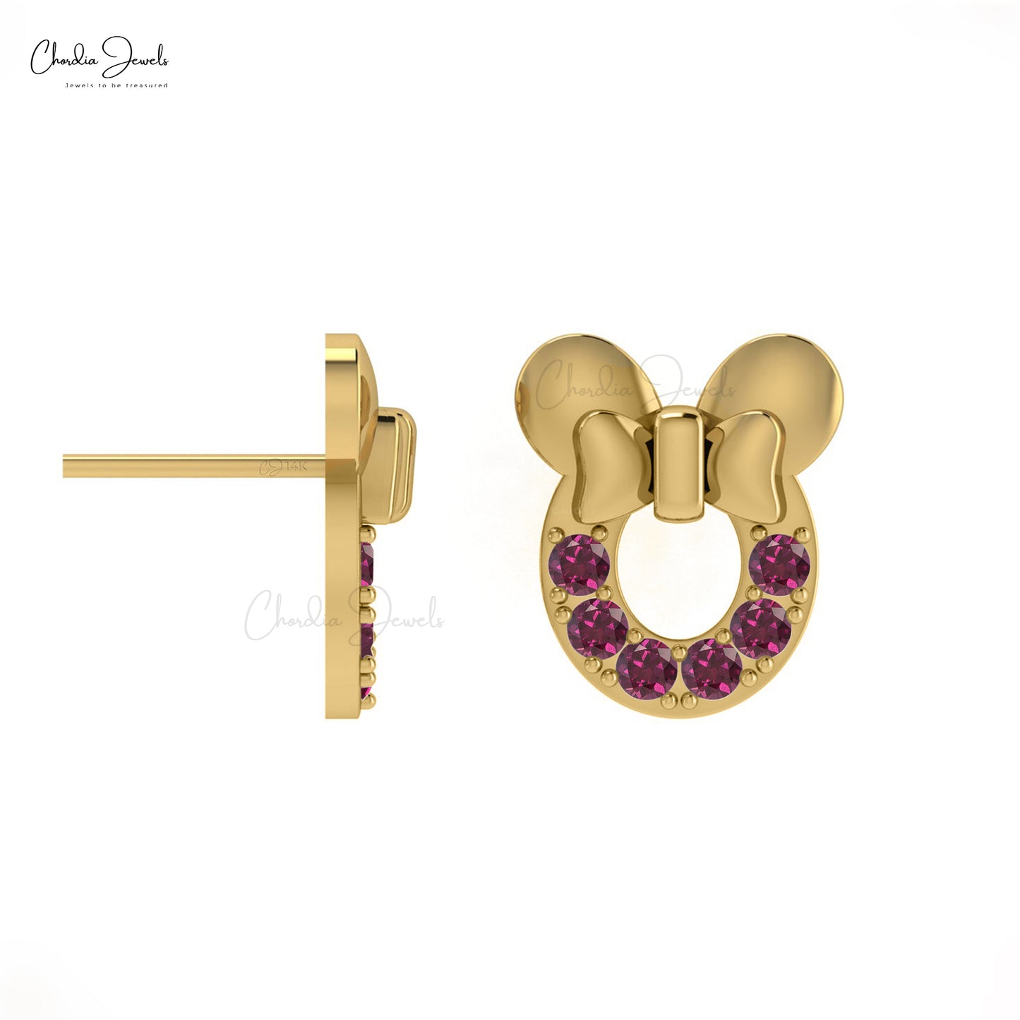Load image into Gallery viewer, Authentic 2mm Rhodolite Garnet Mickey Mouse Earrings 14k Real Gold Handmade Jewelry For Her
