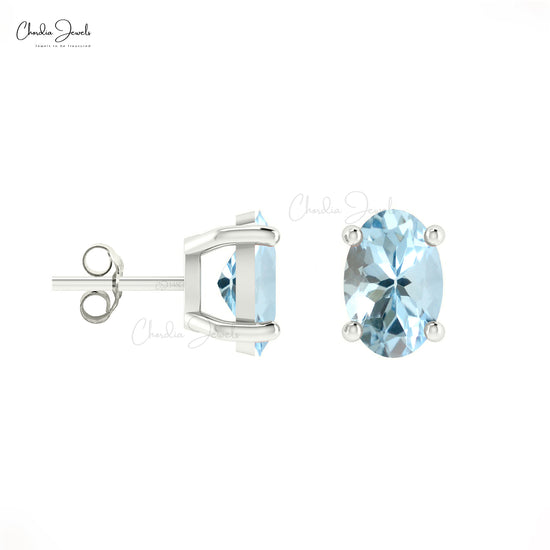 Authentic Aquamarine Solitaire Stud Earrings in 14k Solid Gold Minimalist Earrings