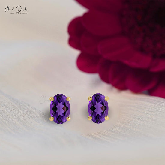 Elegant Amethyst Solitaire Earrings  0.88Ct Oval Cut Natural Gemstone Dainty Earrings 14k Real Gold Art Deco Jewelry For Anniversary Gift