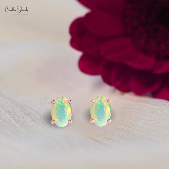 Single Stone Earrings With Opal Gemstone 14k Real Gold Solitaire Earrings For Wedding Gift