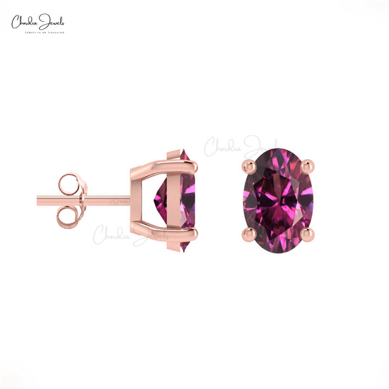 Solid 14k Gold Solitaire Earrings Natural 6X4MM Rhodolite Garnet Elegant Studs For Gift