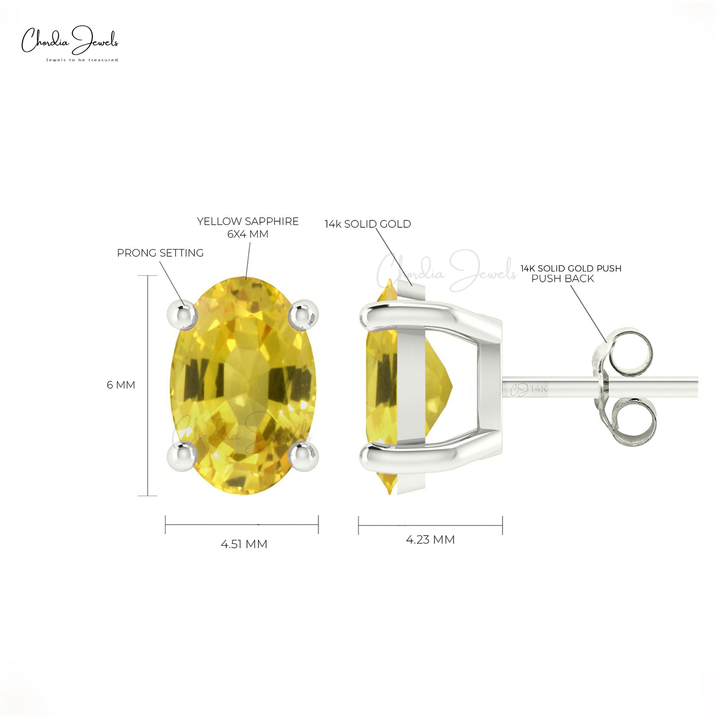 Real Oval Yellow Sapphire 14k Gold Solitaire Stud Earrings