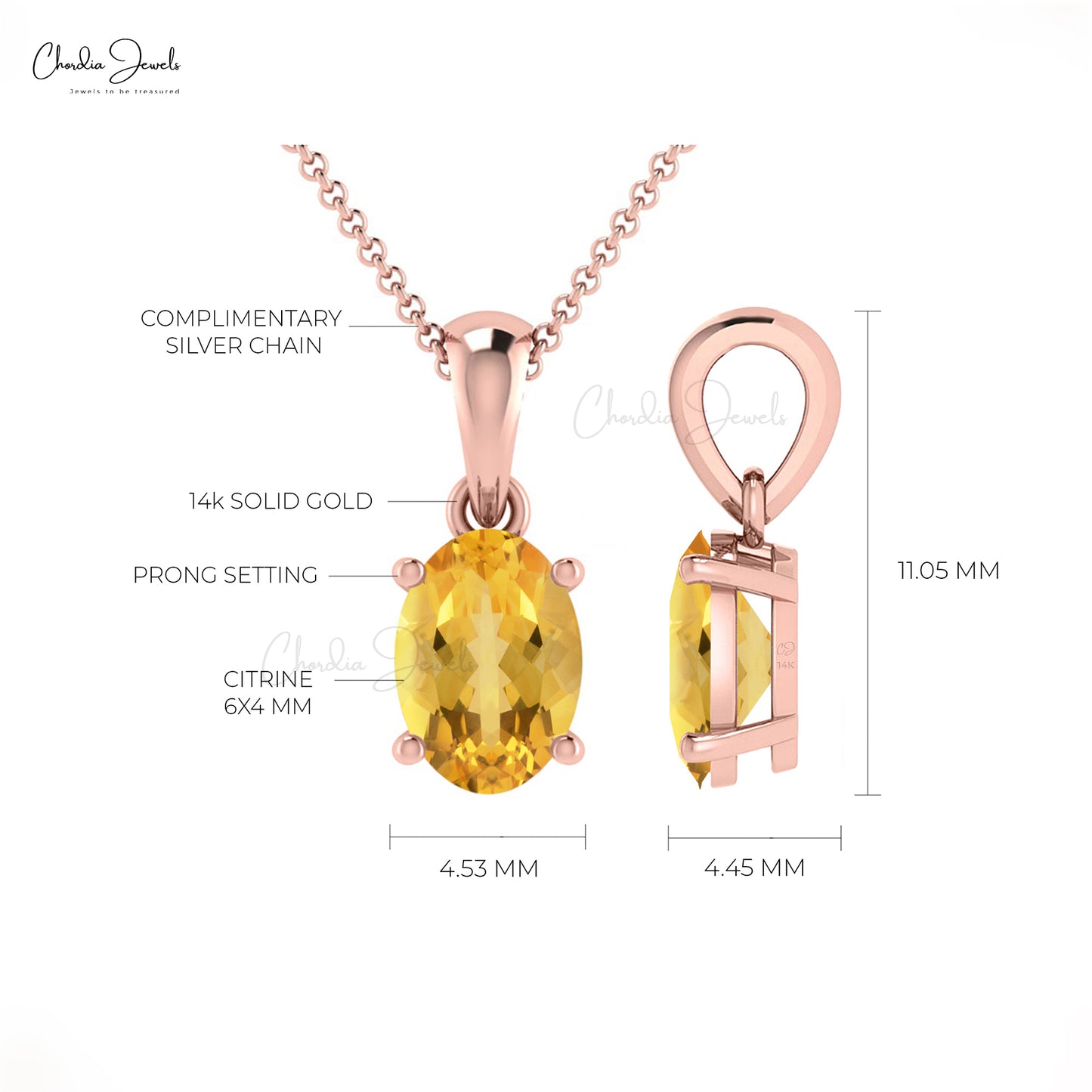 Natural 0.42ct Citrine Gemstone Pendant 14k Solid Gold Chain Pendant For Birthday Gift