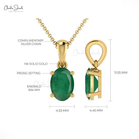 Green Emerald Prong Set Pendant 0.54Ct Oval Cut Handmade Pendant Genuine 14k Real Gold Hallmarked Dainty Jewelry For Her