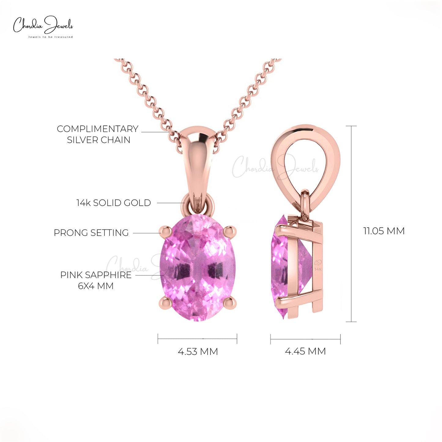 Oval Cut 0.58Ct Genuine Pink Sapphire Solitaire Pendant 14k Gold Gemstone Accented Jewelry