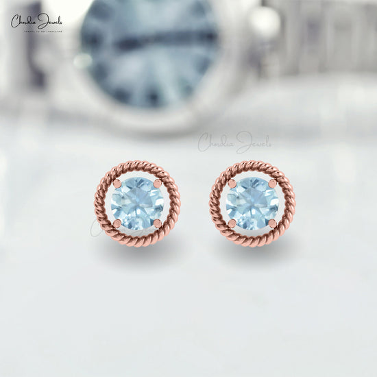 Solid 14k Gold Natural Aquamarine Spiral Stud Earrings