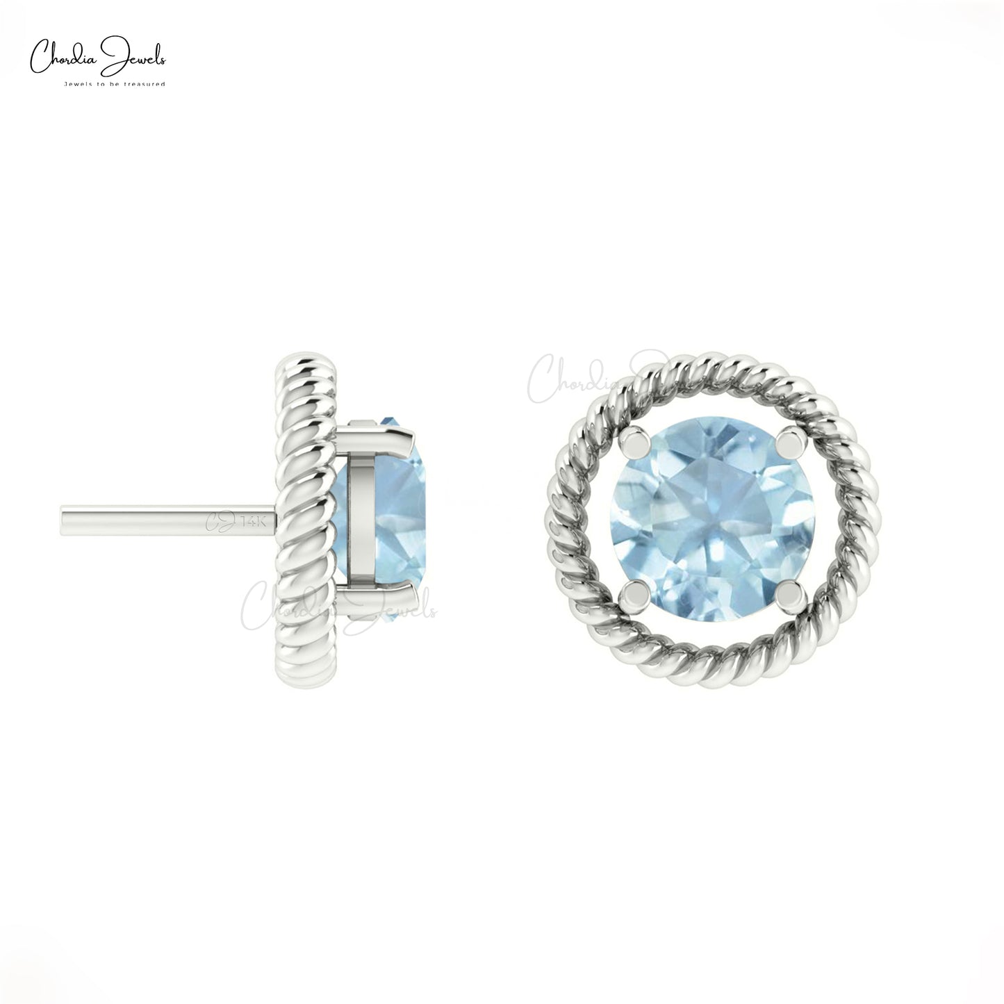 Solid 14k Gold Natural Aquamarine Spiral Stud Earrings