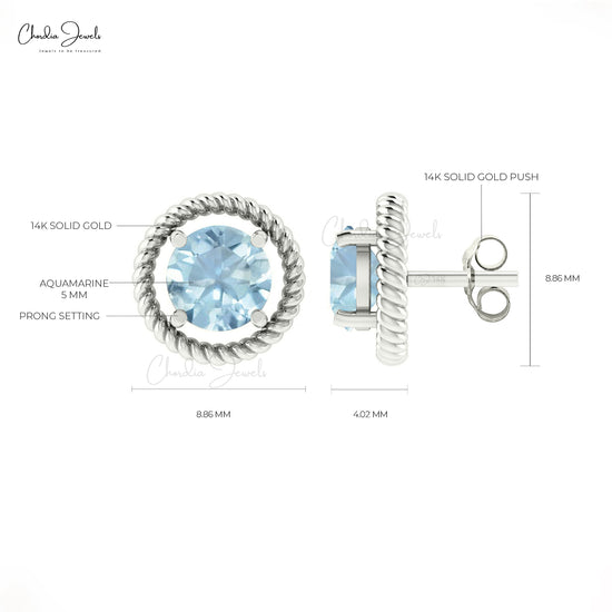 Solid 14k Gold Natural Aquamarine Spiral Stud Earrings