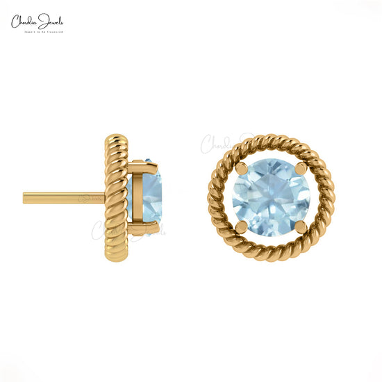 Solid 14k Gold Natural Aquamarine Spiral Stud Earrings