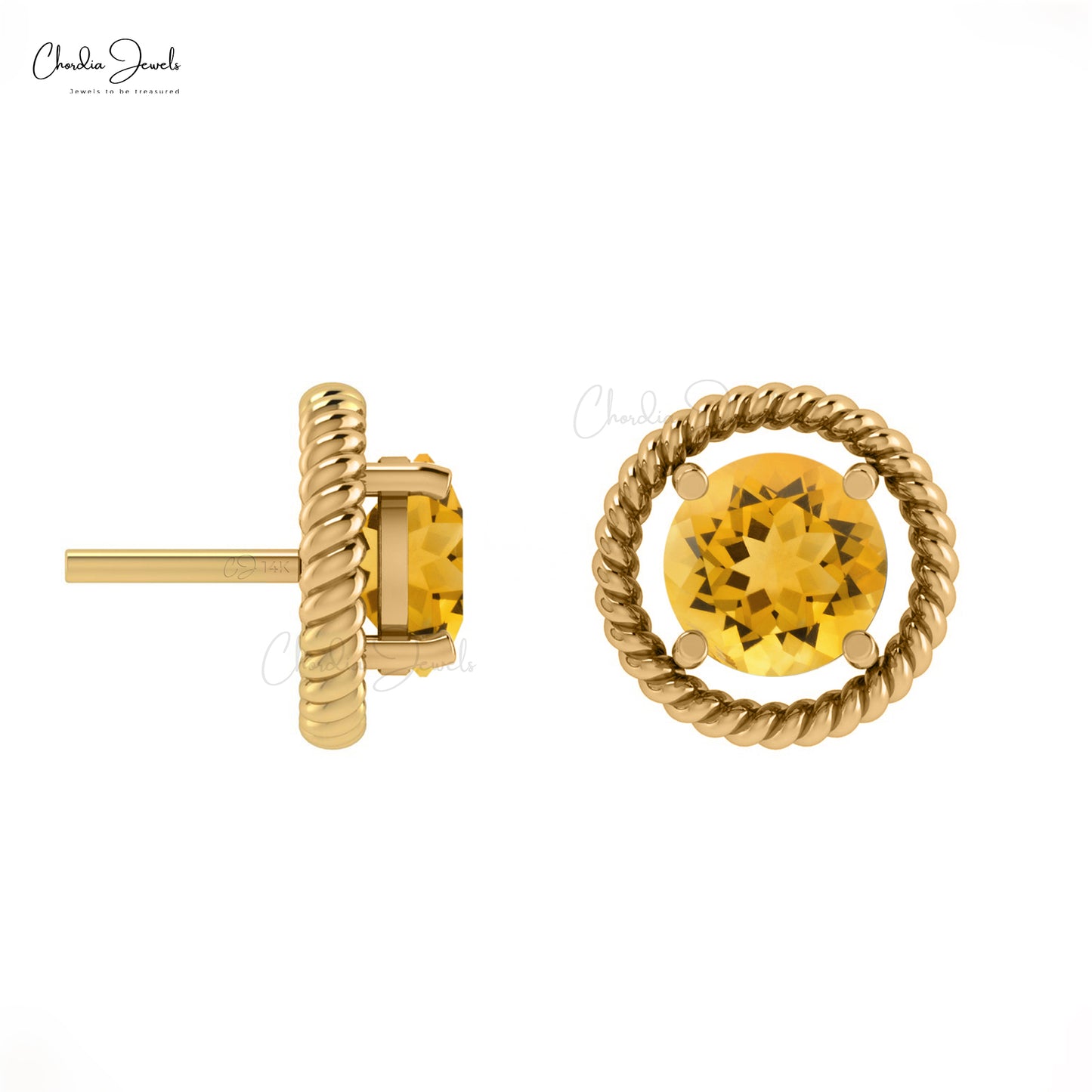 Round 0.42ct Citrine 14k Real Gold Handcrafted Spiral Studs