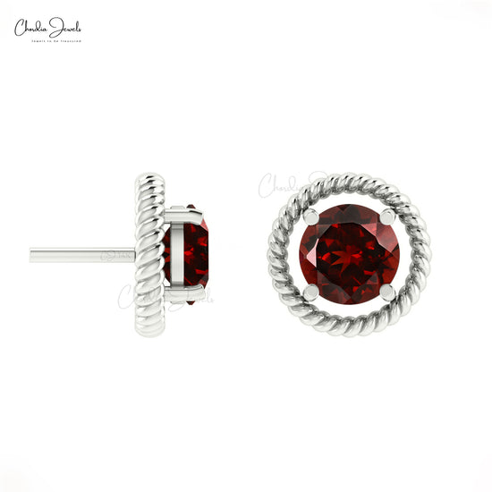 Genuine Garnet Spiral Studs 14k Real Gold 1.3Ct Round Cut Gemstone Earrings For Christmas