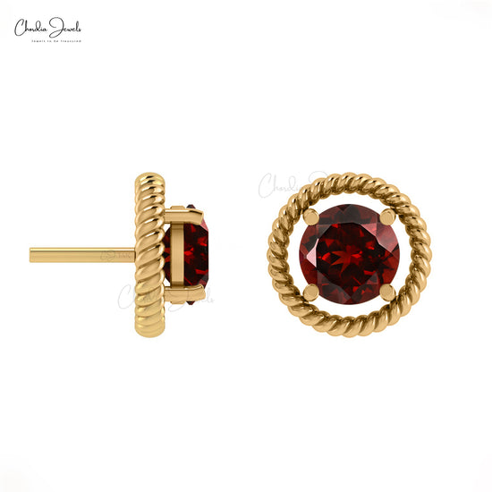 Genuine Garnet Spiral Studs 14k Real Gold 1.3Ct Round Cut Gemstone Earrings For Christmas