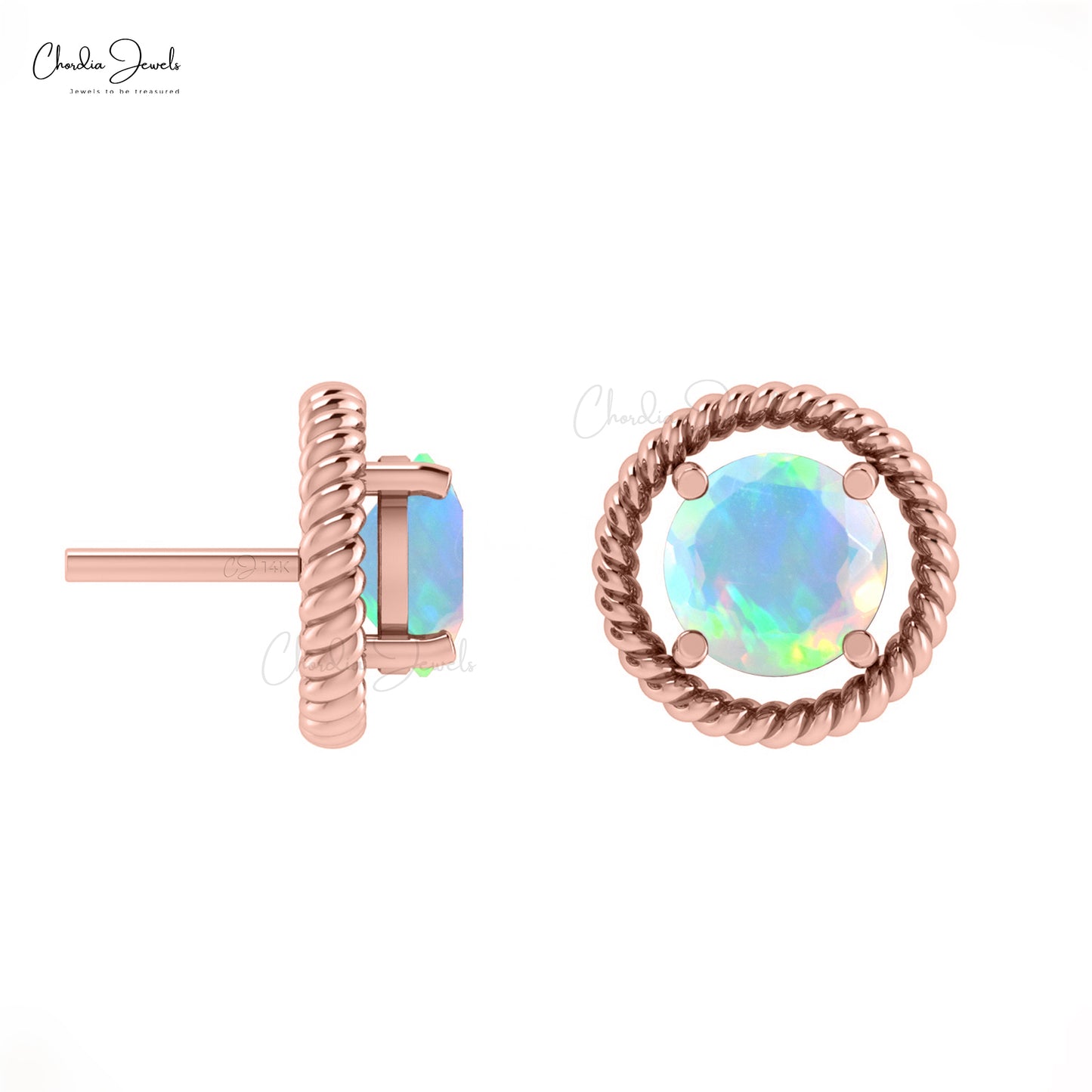 Real 14k Gold Spiral Stud Earrings With Opal Gemstone