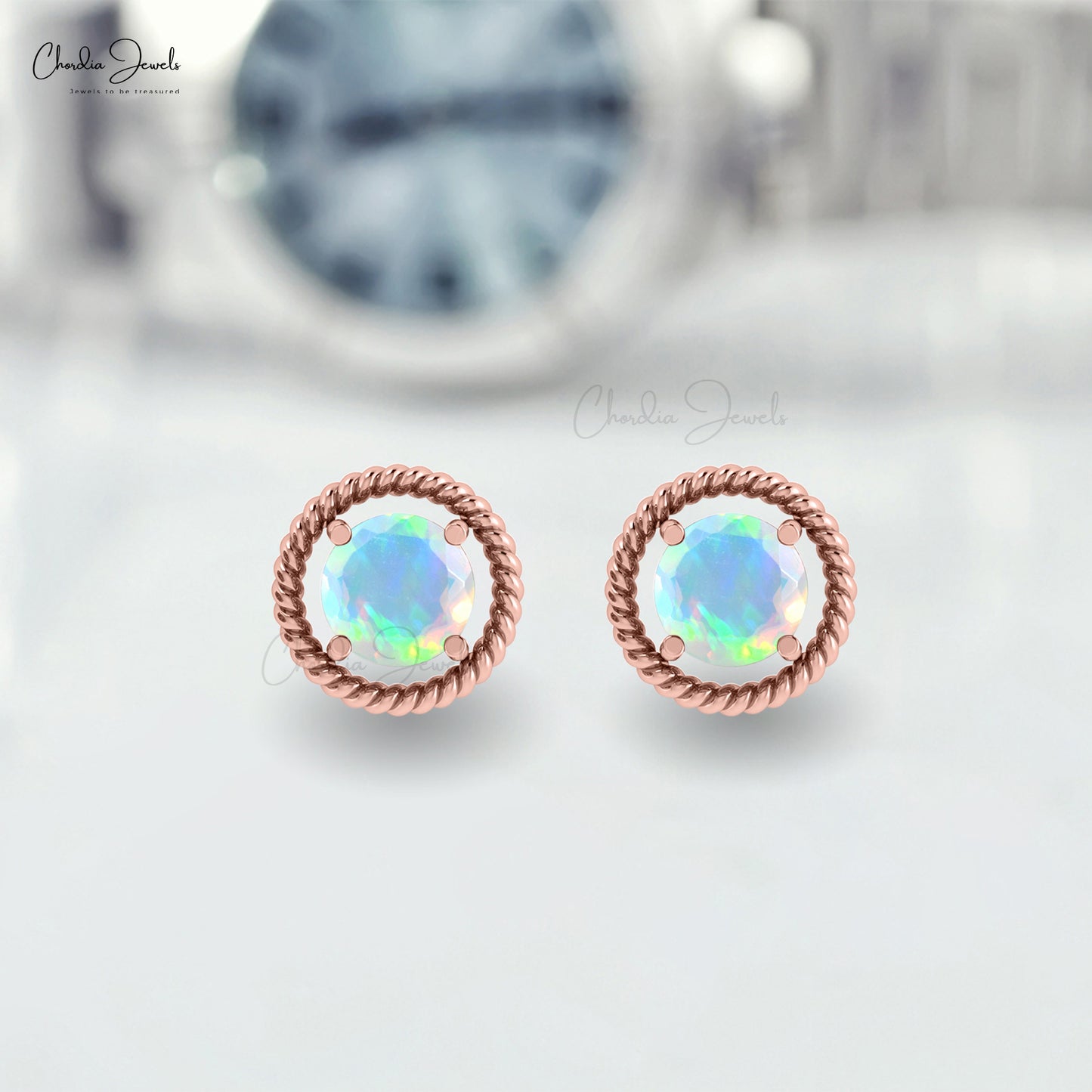 Real 14k Gold Spiral Stud Earrings With Opal Gemstone