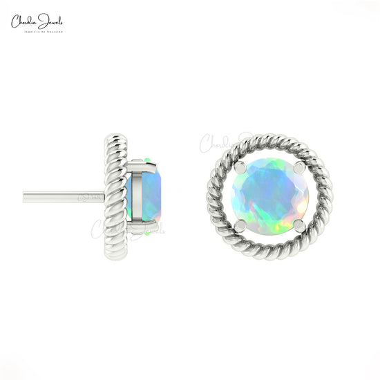 Real 14k Gold Spiral Stud Earrings With Opal Gemstone