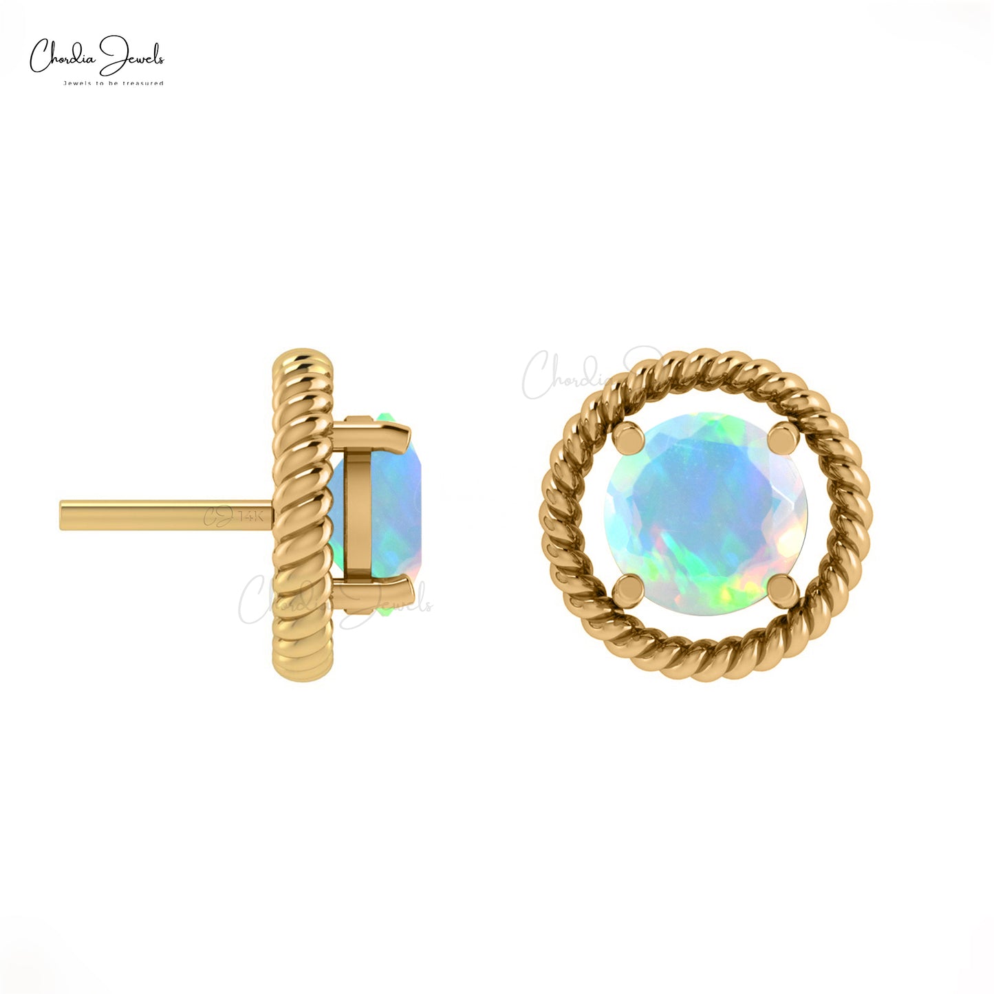 Real 14k Gold Spiral Stud Earrings With Opal Gemstone