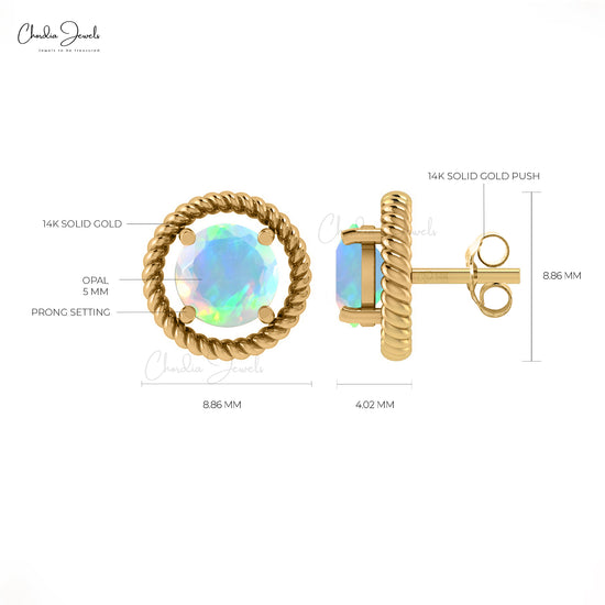 Real 14k Gold Spiral Stud Earrings With Opal Gemstone