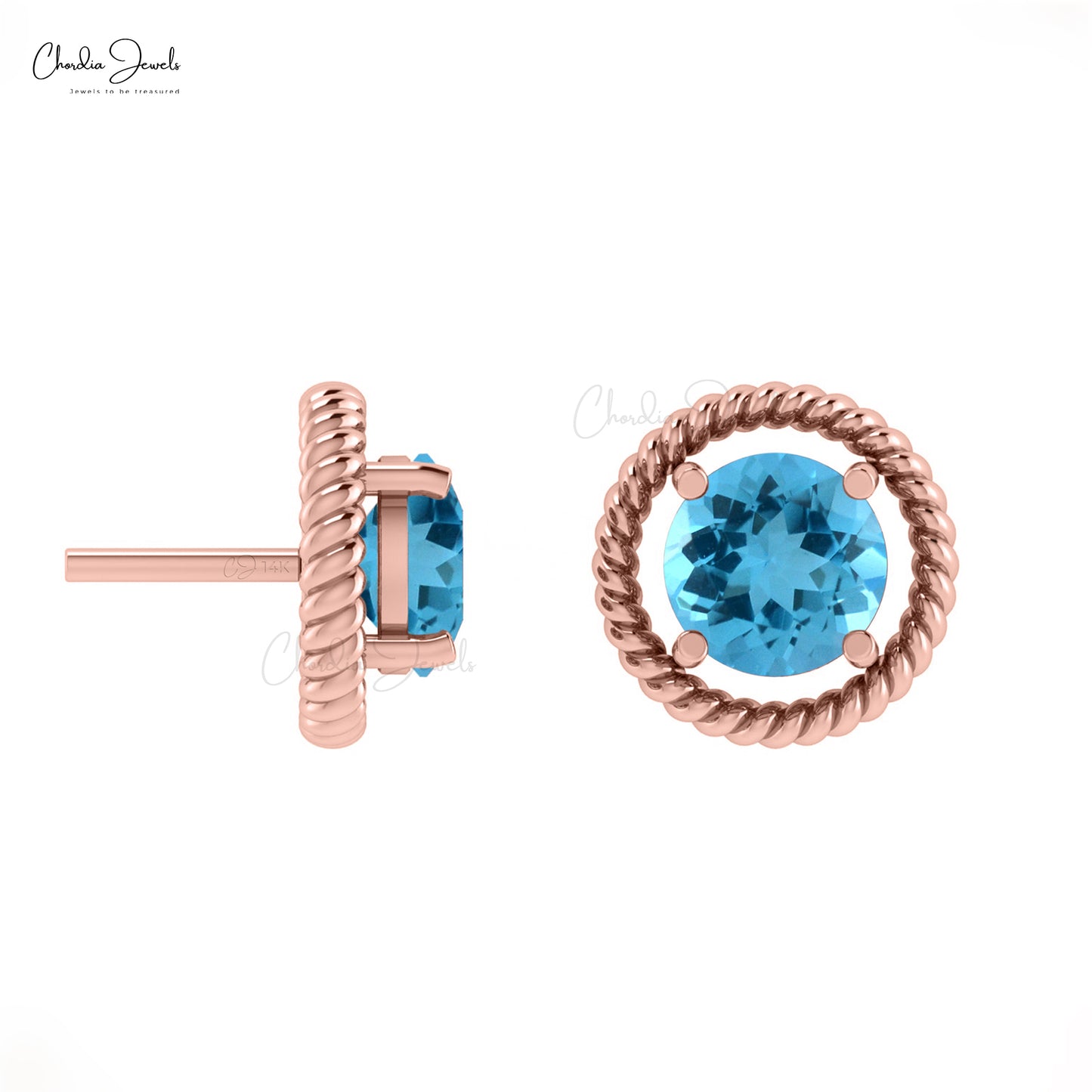 Spiral Stud Earrings With 1.1CT Swiss Blue Topaz 14k Real Gold Modern Birthstone Earrings