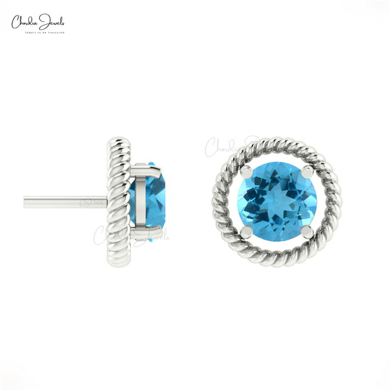 Spiral Stud Earrings With 1.1CT Swiss Blue Topaz 14k Real Gold Modern Birthstone Earrings