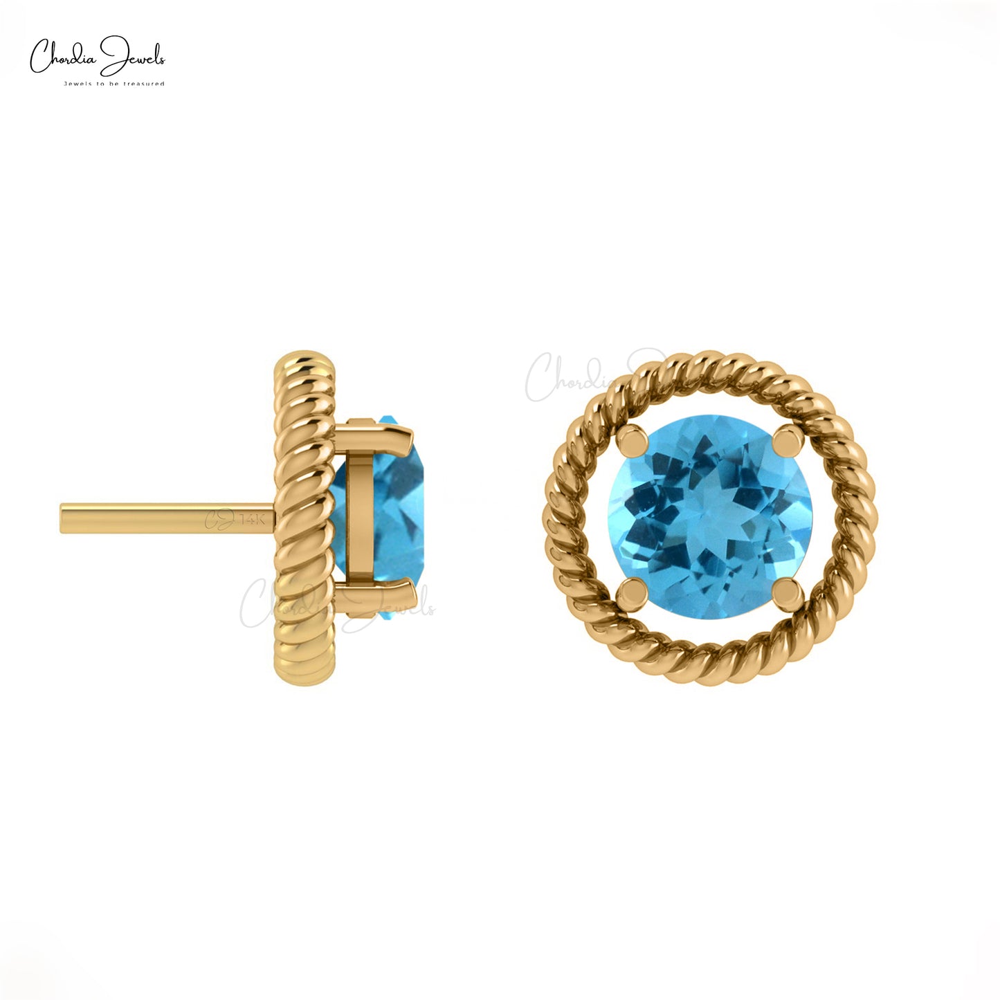 Spiral Stud Earrings With 1.1CT Swiss Blue Topaz 14k Real Gold Modern Birthstone Earrings