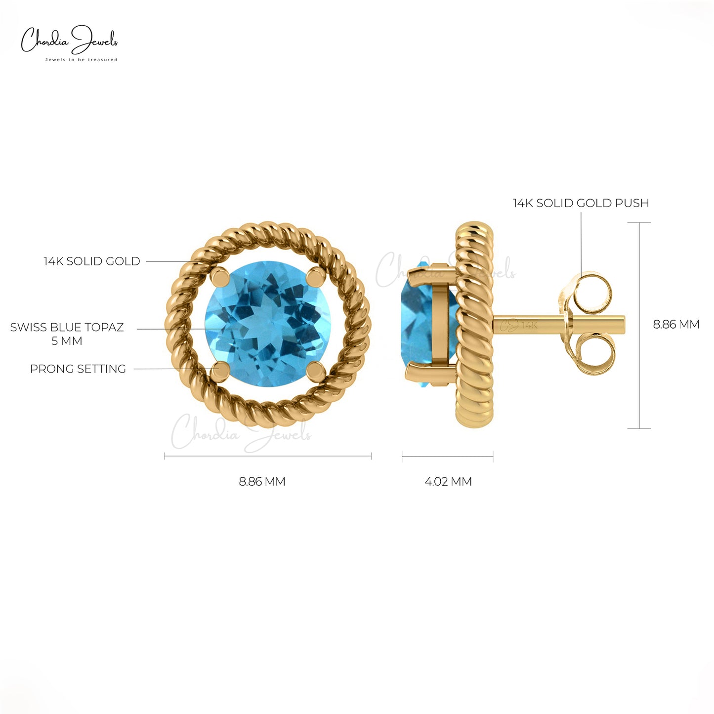 Spiral Stud Earrings With 1.1CT Swiss Blue Topaz 14k Real Gold Modern Birthstone Earrings