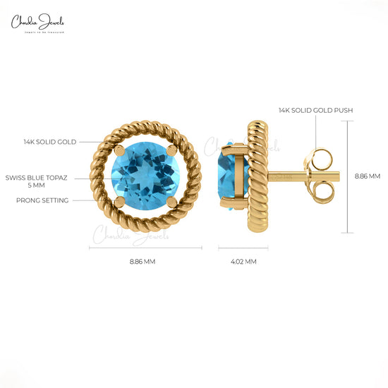 Spiral Stud Earrings With 1.1CT Swiss Blue Topaz 14k Real Gold Modern Birthstone Earrings