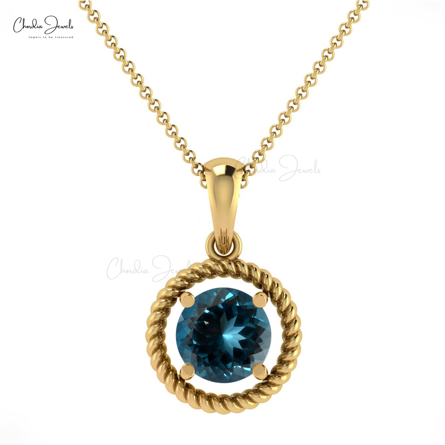 Round Cut 5mm Genuine London Blue Topaz Spiral Pendant 14k Real Gold Gemstone Accented Jewelry
