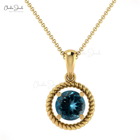 Round Cut 5mm Genuine London Blue Topaz Spiral Pendant 14k Real Gold Gemstone Accented Jewelry