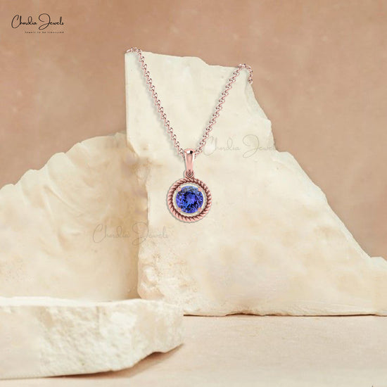 Elegant Tanzanite Prong Set Pendant 5mm Round Cut Natural Gemstone Spiral Pendant 14k Real Gold Minimalist Jewelry For Gift