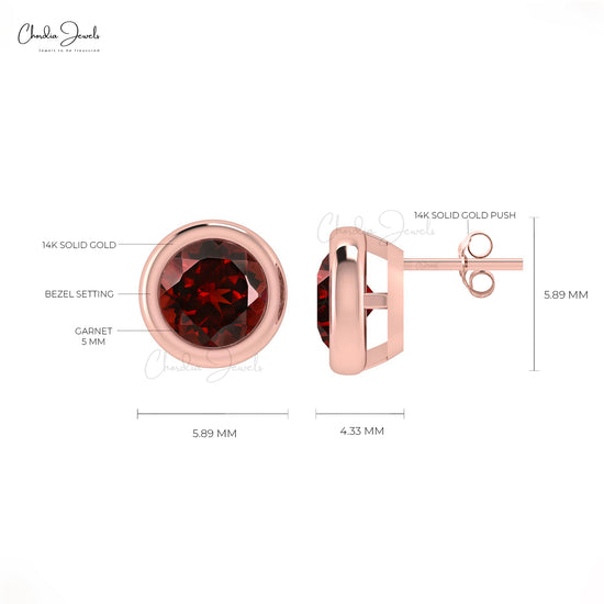 Natural Garnet 1.3Ct Round Cut Earrings 14k Solid Gold Gemstone Solitaire Studs For Women