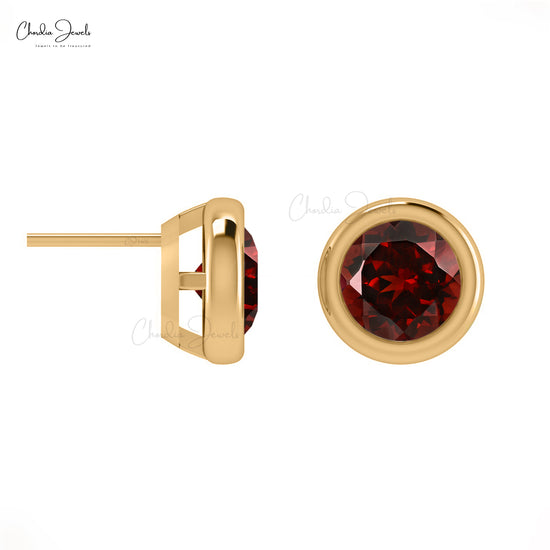 Natural Garnet 1.3Ct Round Cut Earrings 14k Solid Gold Gemstone Solitaire Studs For Women