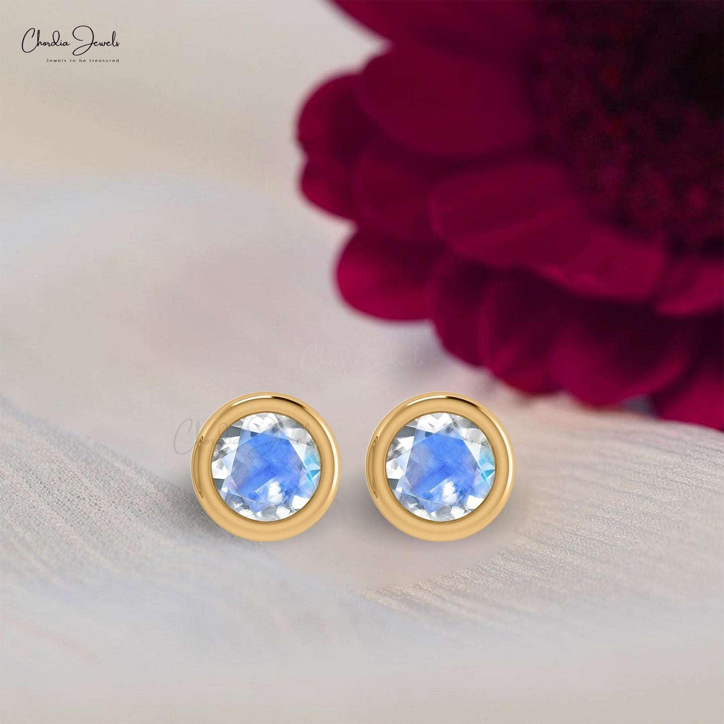 Load image into Gallery viewer, 0.28 Carats Round Rainbow Moonstone Solitaire Stud Earrings In 14k Solid Gold - Chordia Jewels
