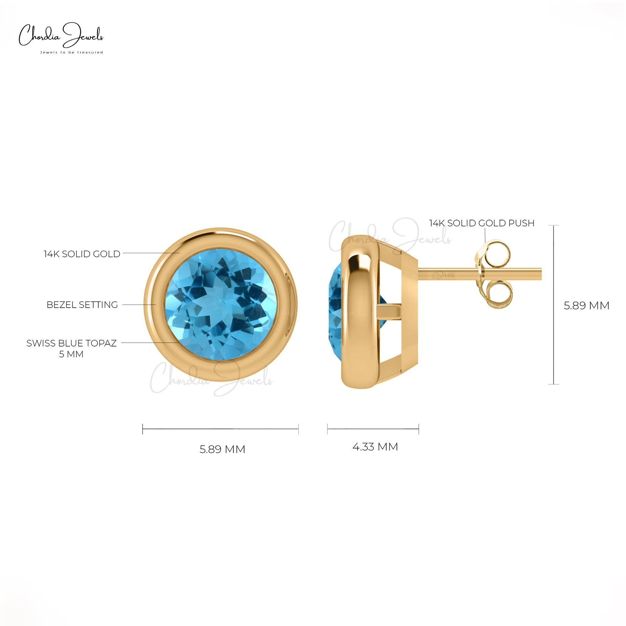 14k White Gold 5mm Round Swiss Blue Topaz Bezel Set Earrings 14k White Gold 5mm Round Swiss Blue Topaz Bezel Set Earrings
