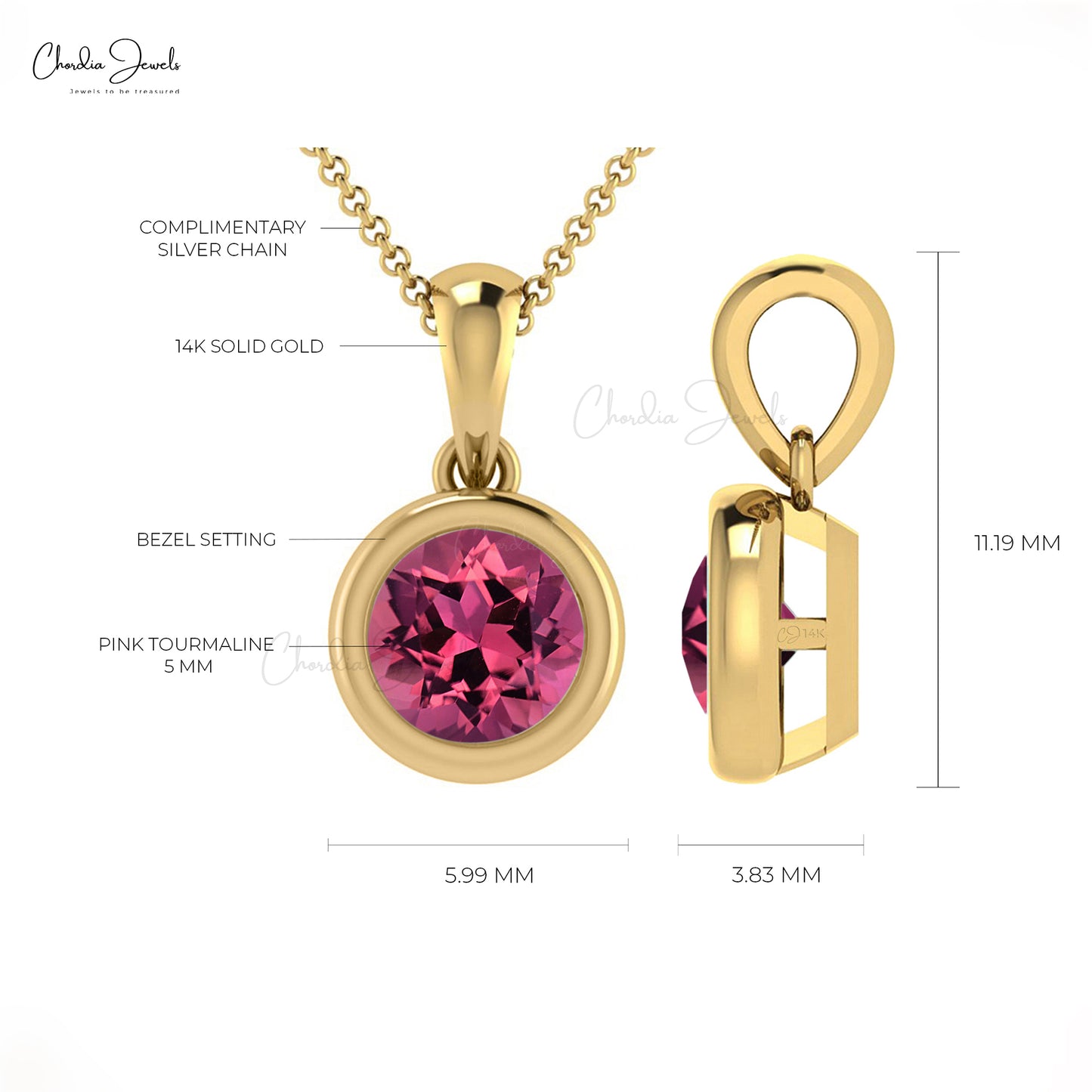 Brilliant Round Cut 5mm Pink Tourmaline Solitaire Pendant 14k Solid Gold Pendant For Birthday Gift