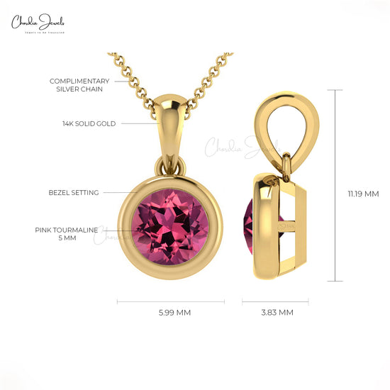 Brilliant Round Cut 5mm Pink Tourmaline Solitaire Pendant 14k Solid Gold Pendant For Birthday Gift