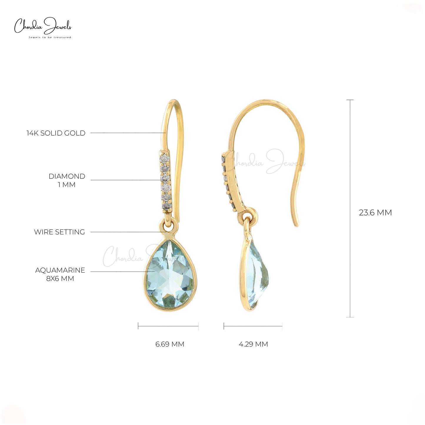 Authentic Aquamarine Earrings 1mm White Diamond Hallmarked Jewelry 14k Solid Yellow Gold  Dangle Earrings For Her