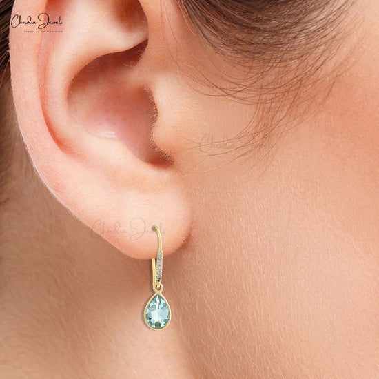 Authentic Aquamarine Earrings 1mm White Diamond Hallmarked Jewelry 14k Solid Yellow Gold  Dangle Earrings For Her