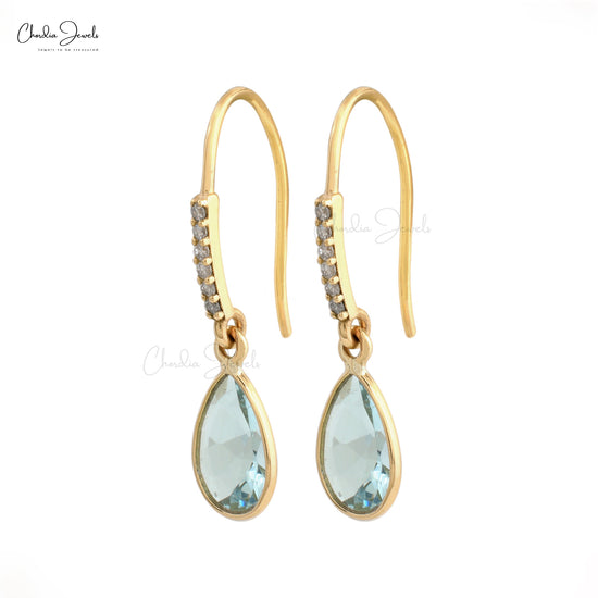 Authentic Aquamarine Earrings 1mm White Diamond Hallmarked Jewelry 14k Solid Yellow Gold  Dangle Earrings For Her