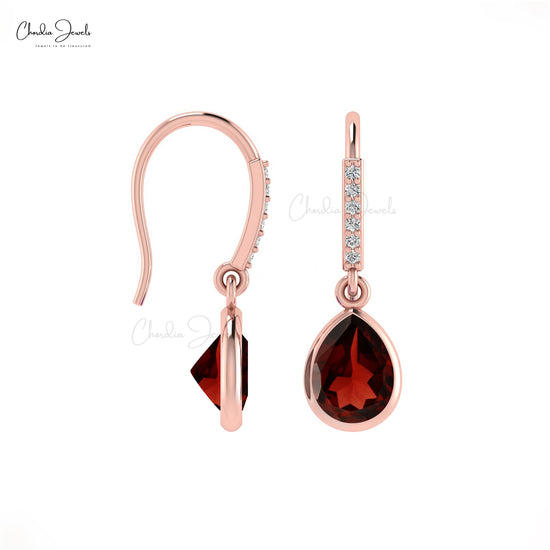 Minimalist Garnet & Diamond 14k Gold Dangle Drop Earrings For Women