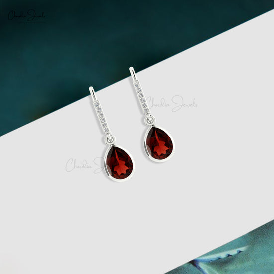 Natural Garnet & Diamonds Accent Dangle Earrings 14k Real Gold Drop Earring For Love