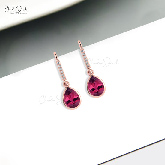 Pear Cut 8x6mm Natural Pink Tourmaline Dangle Earrings 14k Solid Gold Diamond Fish Hook Earrings For Women's