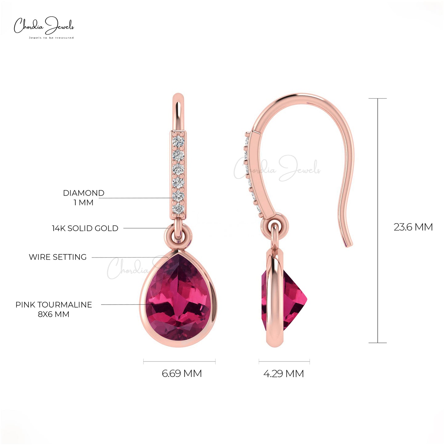 Load image into Gallery viewer, Pear Cut 8x6mm Natural Pink Tourmaline Dangle Earrings 14k Solid Gold Diamond Fish Hook Earrings For Women&amp;#39;s
